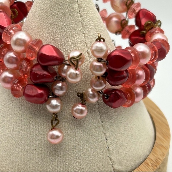 Vintage Light Pink Dusty Rose Faux Pearl Layered Beaded Cuff Wire Bracelet - Picture 5 of 9